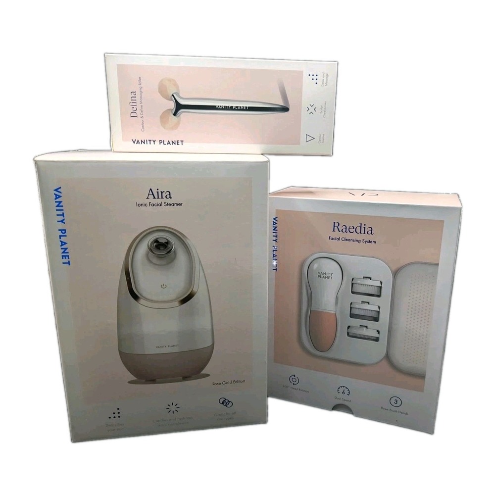 Vanity Planet Skin Care Lot NEW Rose Gold Edition Ionic Steamer/Cleansing/Roller
